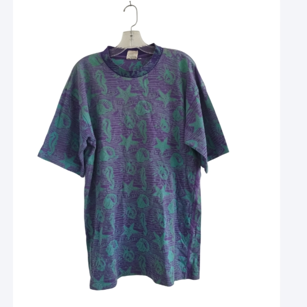 Vintage 80's Black Rice Ocean Shells Y2K T-shirt Tee Top
